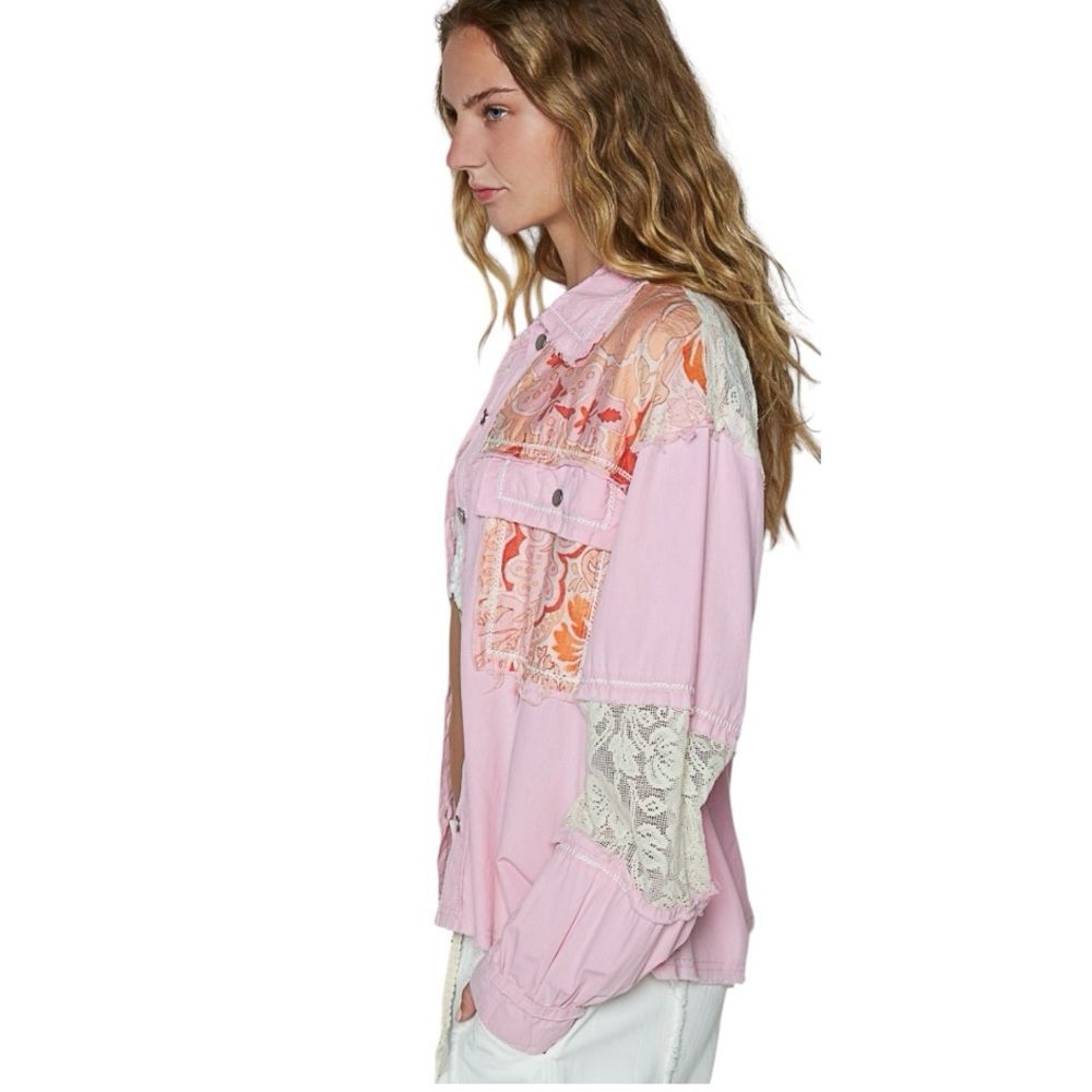 POL Pink Cotton Jacket Floral, Lace, Embroidery & Raw Edge Details - Picture 3 of 3